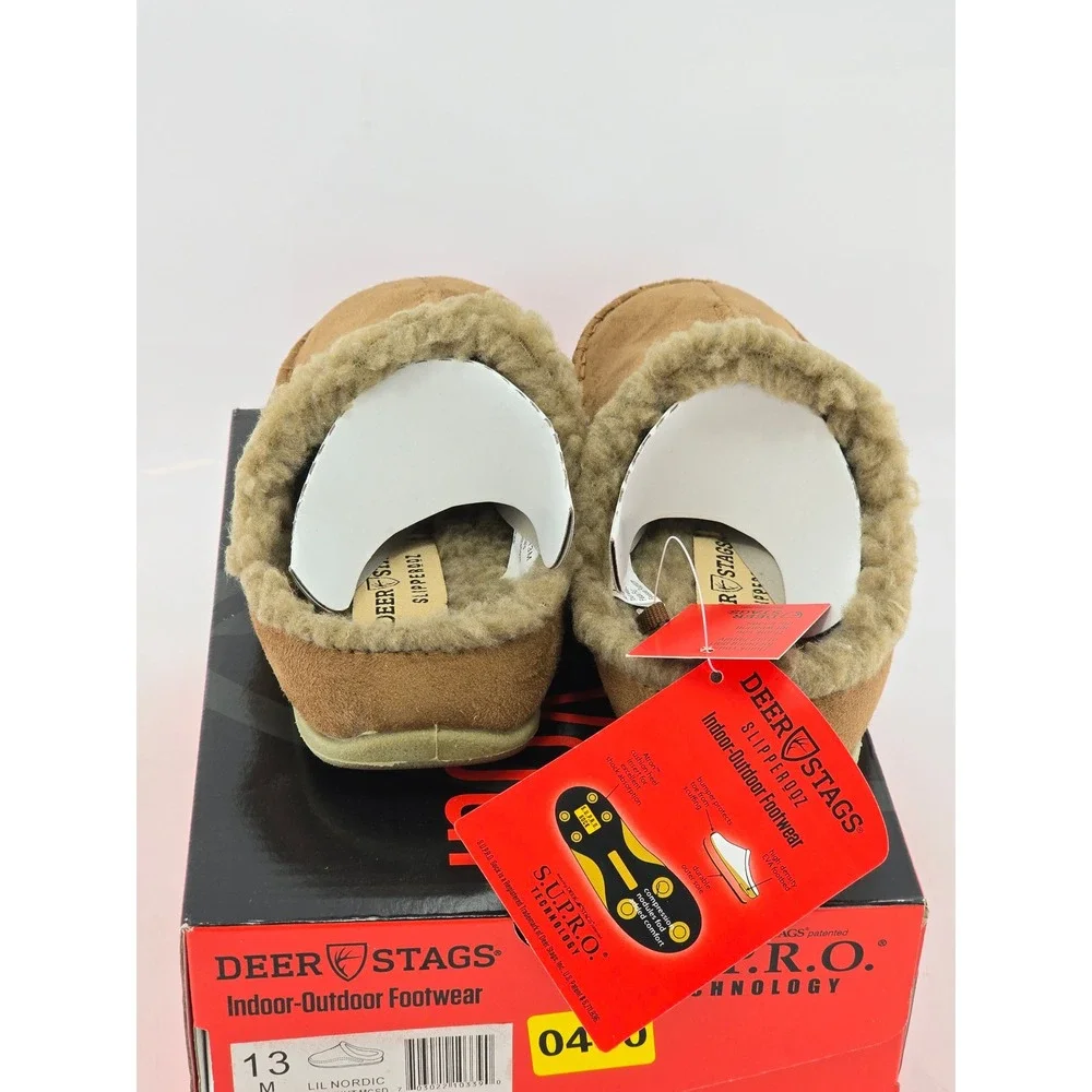 Deer Stags Lil Nordic Kids Size 13 Chestnut Suede Faux Fur Slippers - New